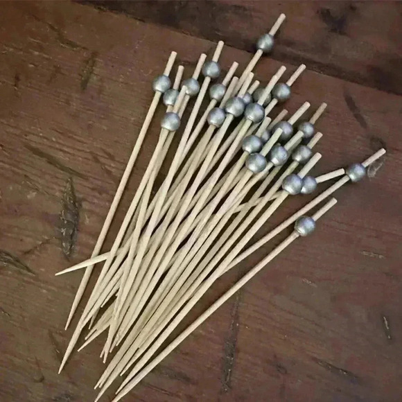 25 New 6" Wood Cocktail + Appetizer Picks with Silver Balls - Picture 1 of 4